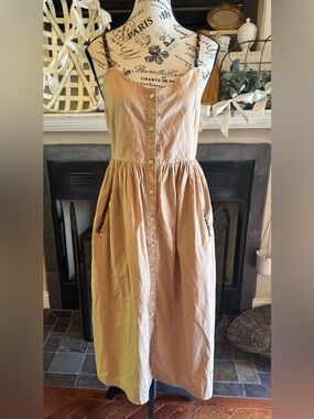 The Moon Khaki Dress Leopard Print Straps Pockets Pleated Cottage Farm Small